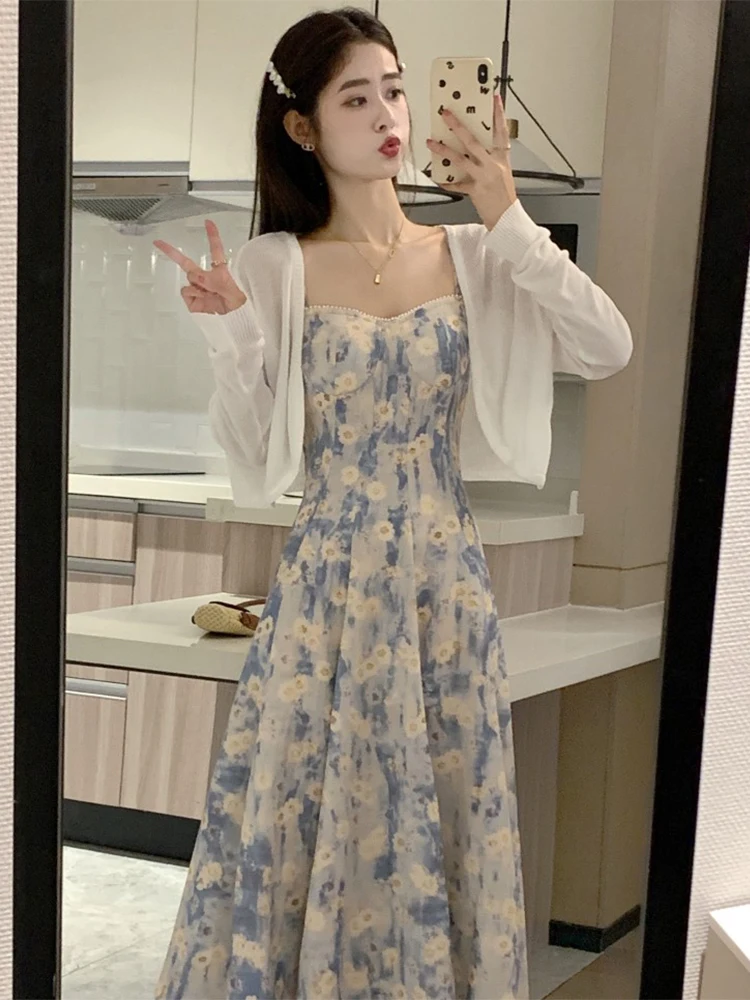 2024 Summer Blue Oil Painting Floral Print Beach Vaion Long Dr Women's Strapl High Waist A-Line Midi Skirt Set