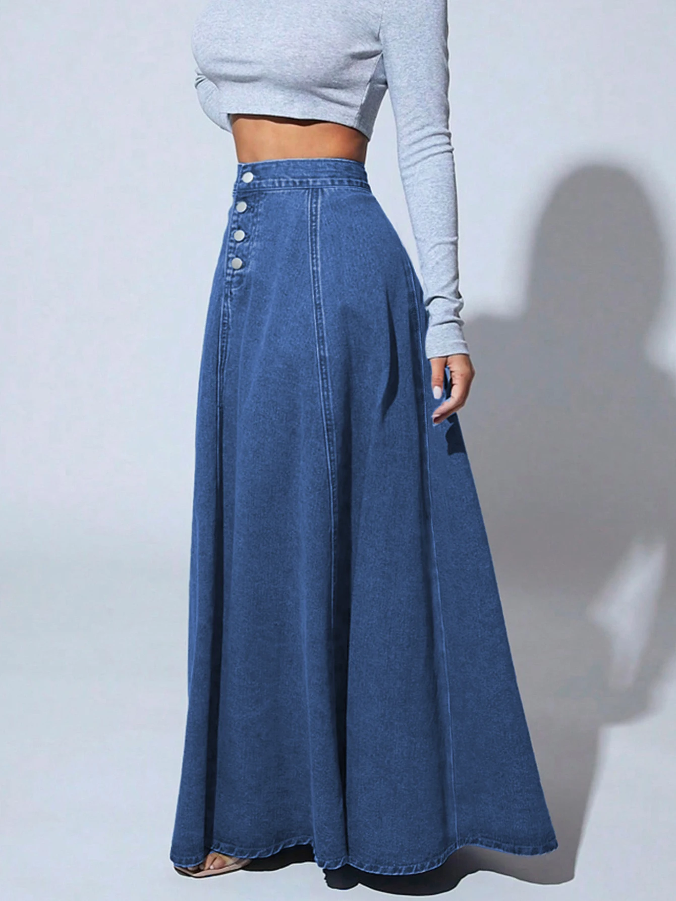 Damen High-Waist Jeans-Maxirock mit Knopfleiste, A-Linie, Vintage, Langer Jeansrock, Lässiger ausgestellter Rock – Detail 11