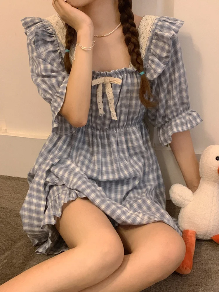 

Loose Plaid Stripe Summer Short Sleeved Pajama Set Lovers Couple Home Kawaii NightDress Women Ins ElegantCasual Two Piece Set