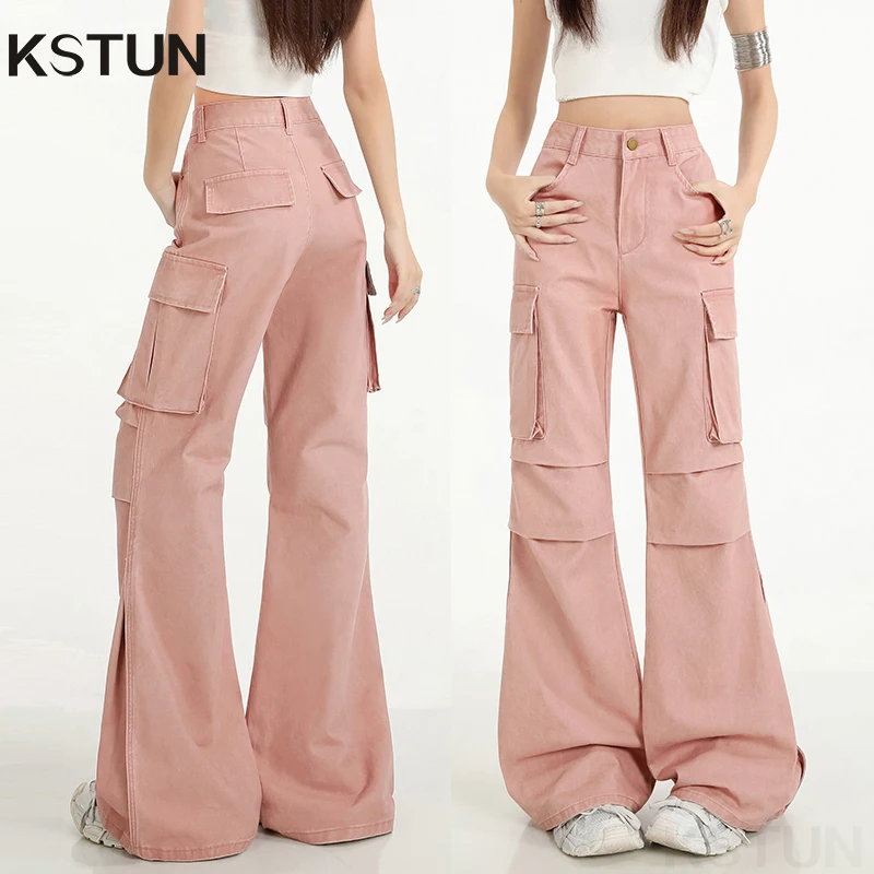 

KSTUN 100% Cotton Sweety Girl Pink Cargo Pants Women High Waisted Flared Pants Jeans Multi-Pockets Chic Female Boot Cut Trousers