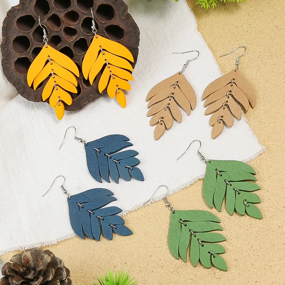 Fashion Cutting Laser Wooden Drop Earrings Set Ethnic Cute Beautiful Leaf Feather Geometry Colorful  Hanging Dangle Jewelry