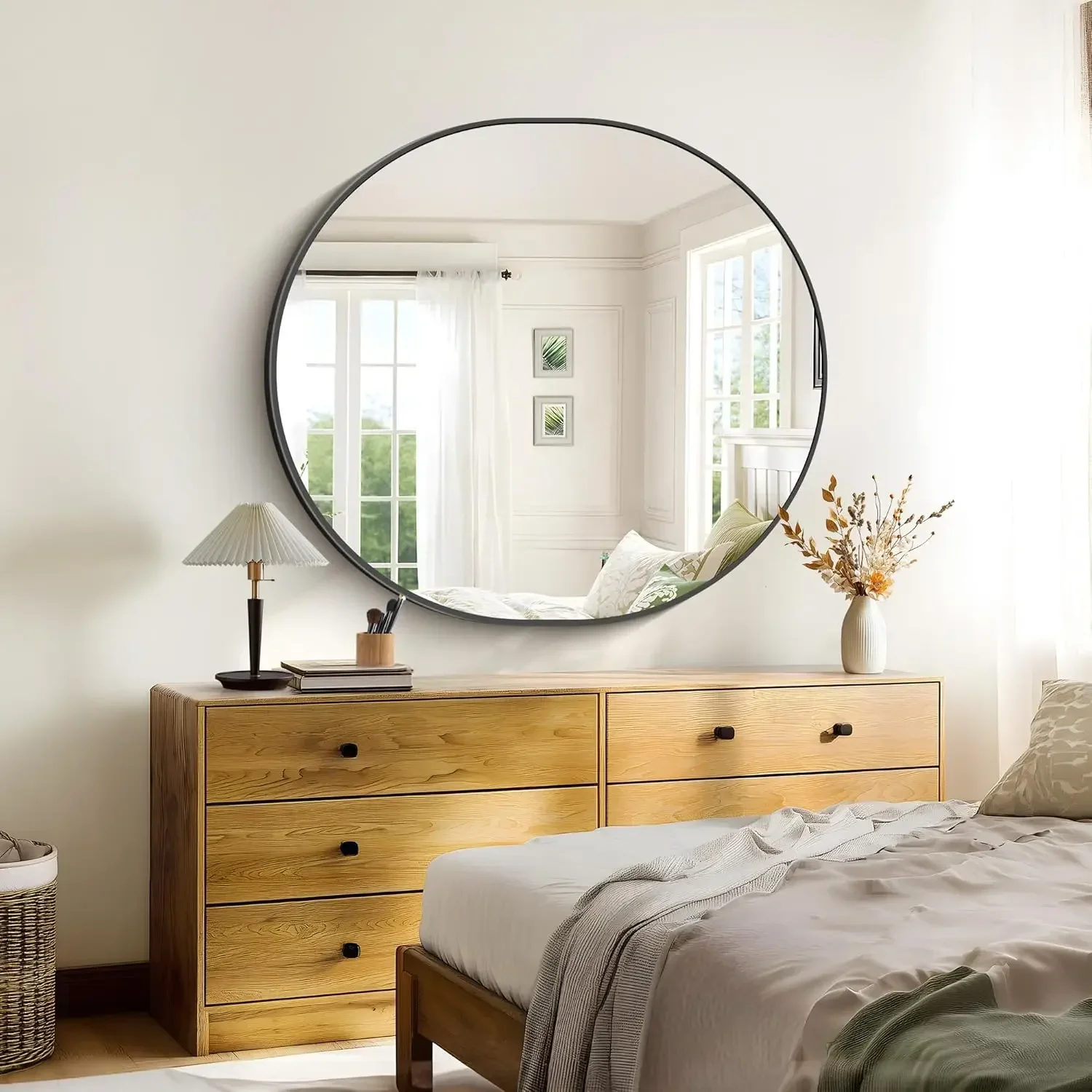 

Зеркало овальное черное 36x40 дюймов для ванной комнаты, настенное зеркало в черной металлической раме для спальни