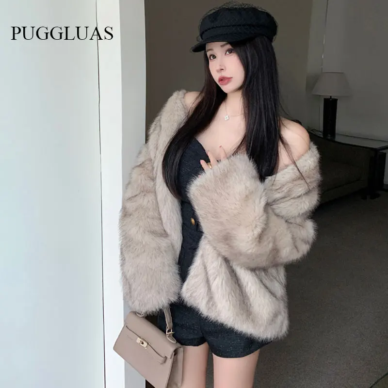 Pelzmantel Frauen warm pelzigen Langarm lose V-Neek weibliche Outwear 2023 Herbst Winter neue Mode Straße alle passen Dame Mantel