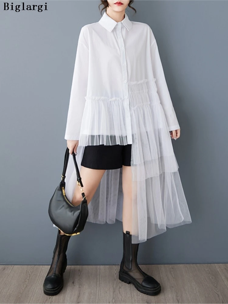 

Oversized Spring New Shirts Dress Women Irregular Mesh Pleated Patchwork Fashion Ladies Blouses Long Sleeve Woman Shirt Tops