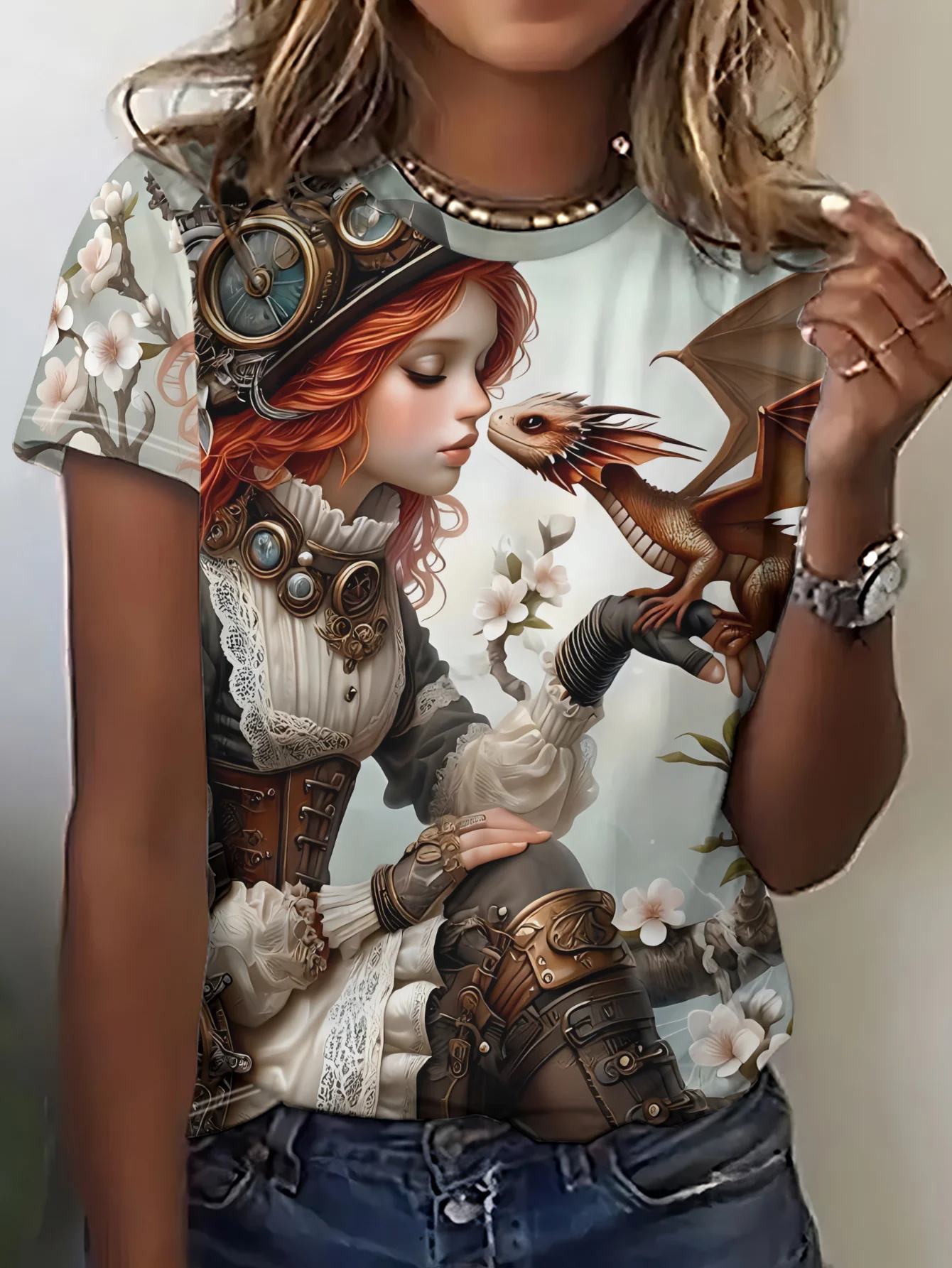 Women Crew Neck Short Sleeve T‑Shirt, Steampunk Girl With Baby Dragon Floral Fantasy Art Graphic Casual Tee