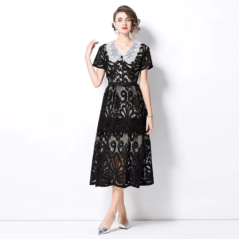 New French Elegant Water-Soluble Embroidery Midi Dress V-Neck Waist-Cinching Slimming One-Piece Gown