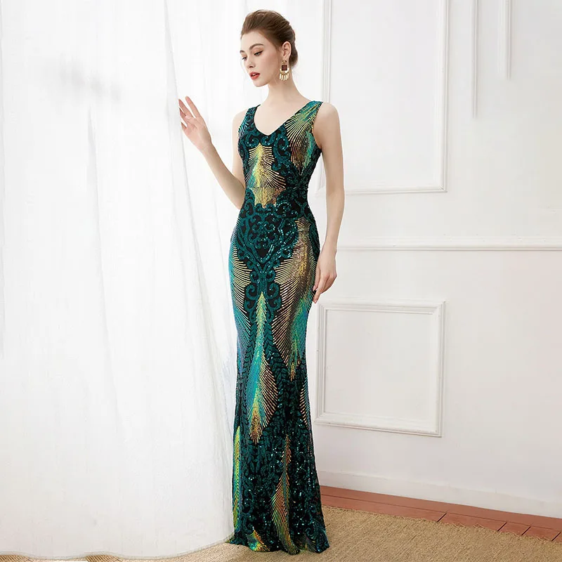 Verão sexy luxo casamento noite vestidos longos adultos mulheres vintage elegante lantejoulas sexy com decote em v sereia sem mangas vestido extravagante