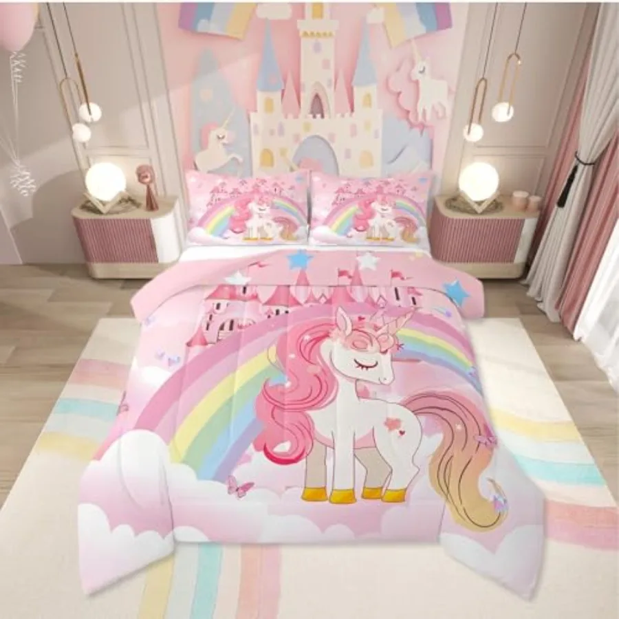 

Unicorn Comforter Set for Girls Rainbow Princess Pink Unicorn Bedding Set Teens Adult Kawaii Cute Castle Stars Bed Sets Cartoon
