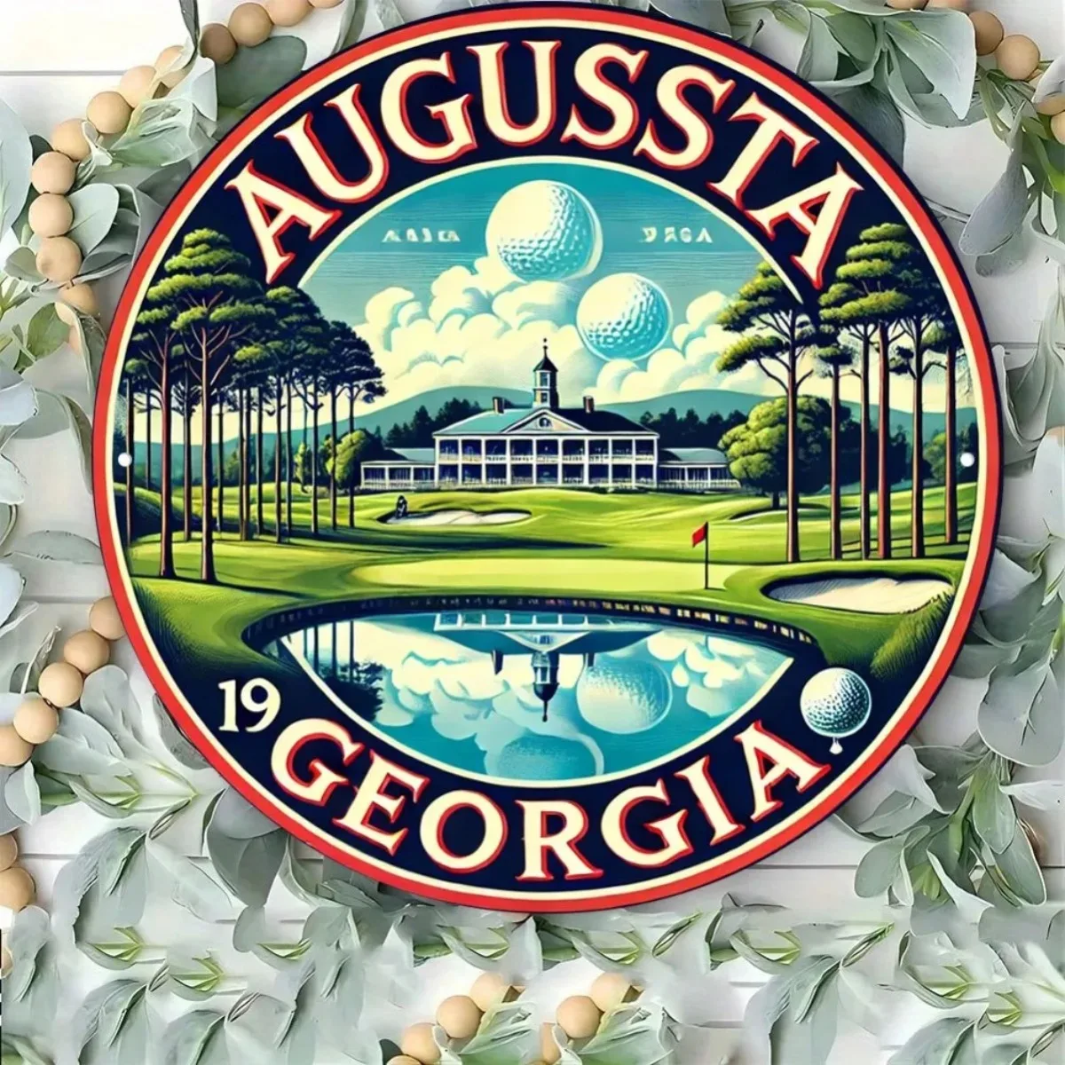 ديكور جولف عتيق - تصميم أوغوستا جورجيا مع إكليل الزهور وتصميم دورة الجولف المميزة، مثالي للمنزل والمكتب