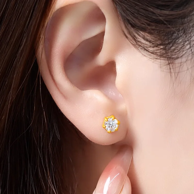 Pure 24K Yellow Gold Earrings Women 999 Gold Zircon Flower Stud Earrings