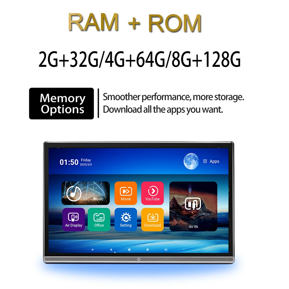 

13.3" Car Headrest Monitor Display IPS Android 14.0 Touch Screen Wifi Bluetooth HDMI Music Rear Seat Entertainment Video Player
