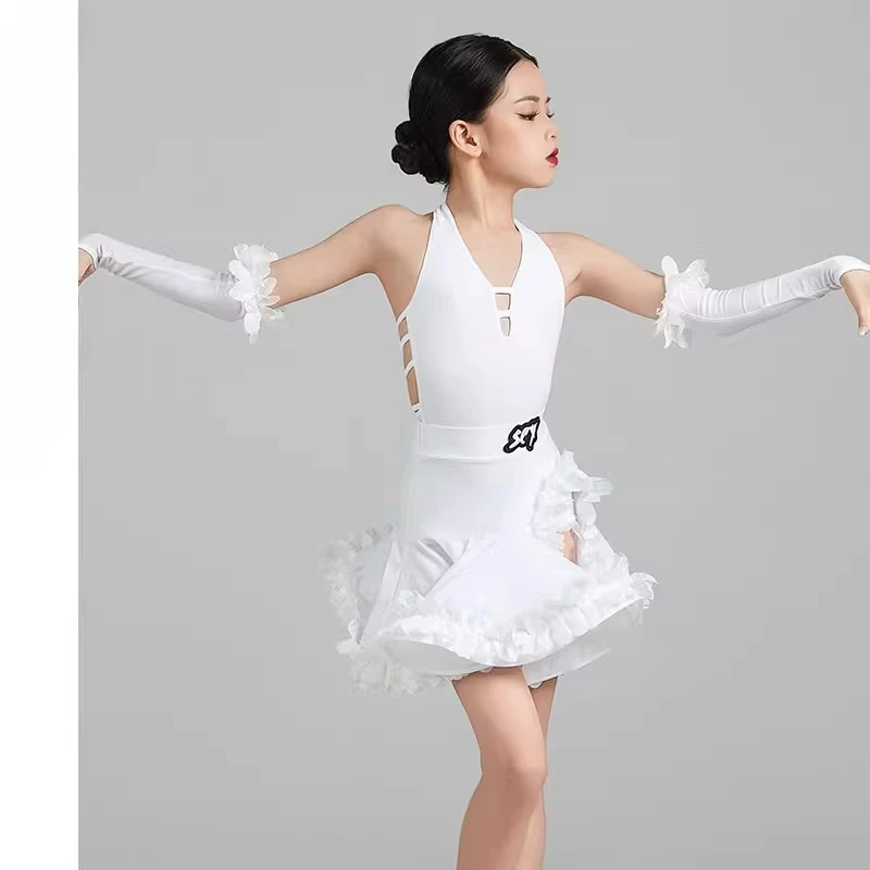Traje de baile latino para niñas, traje de actuación de baile de práctica latina de alta gama de malla para niños, vestido de baile latino
