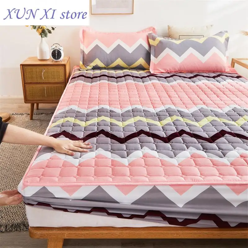 

2023 3pieces 1pc Mattress Cover 2pcs pillowcases Thick Quilted Fitted Bed Sheet Printed Bedding Queen King Non-slip