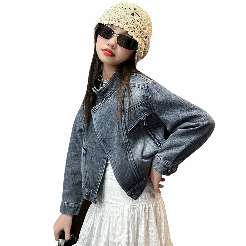 Child Short Style Bat Sleeve Denim Jacket For Girls Fashion Streetwear Outfits Kids Vintage Denim Cropped Tops Outerwear Clothes