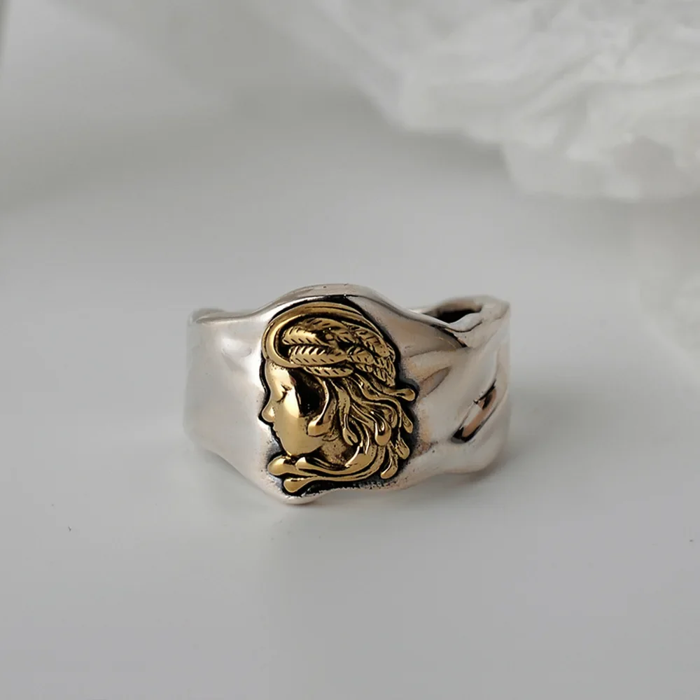 

Youth of Vigor Queen's Medallion 925 Sterling Silver Open Ring Handmade Antique Brass Profile Irregular Pattern Rings R1050