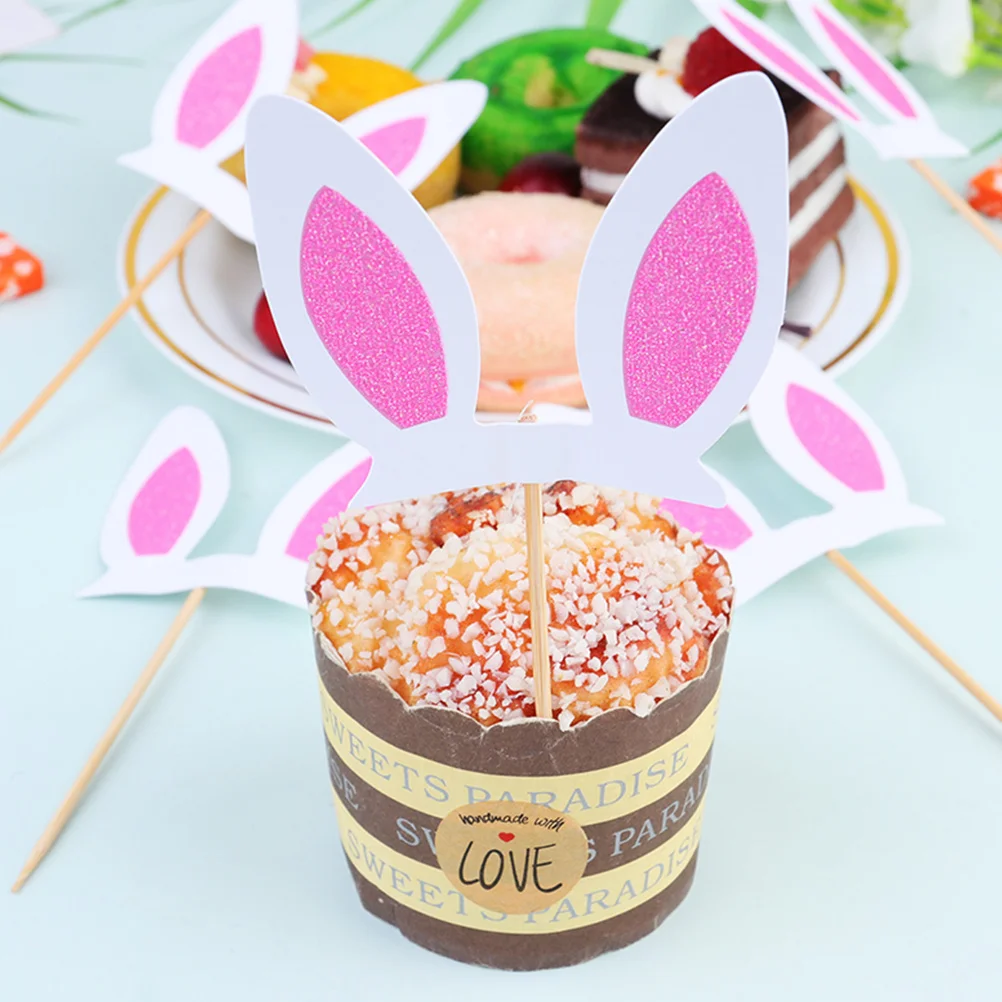 

30Pcs Bunny Ear Cake Toppers Elegant Wood Paper Material Party Decoration Easter Birthday Cupcake Picks Bunny Ear Cake Toppers