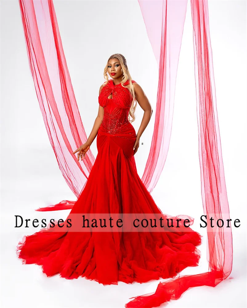 Aso Ebi rouge dentelle perlée hors de l'épaule sirène robes de soirée 2025 cristaux scintillants robes de soirée de mariage robe de bal personnalisée
