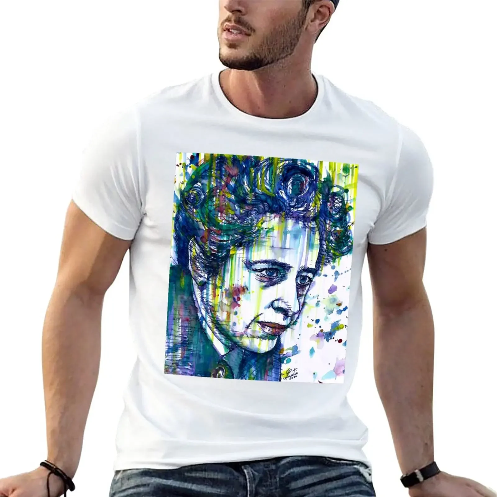 New HANNAH ARENDT watercolor and ink portrait T-Shirt blue archive cute clothes men t shirt