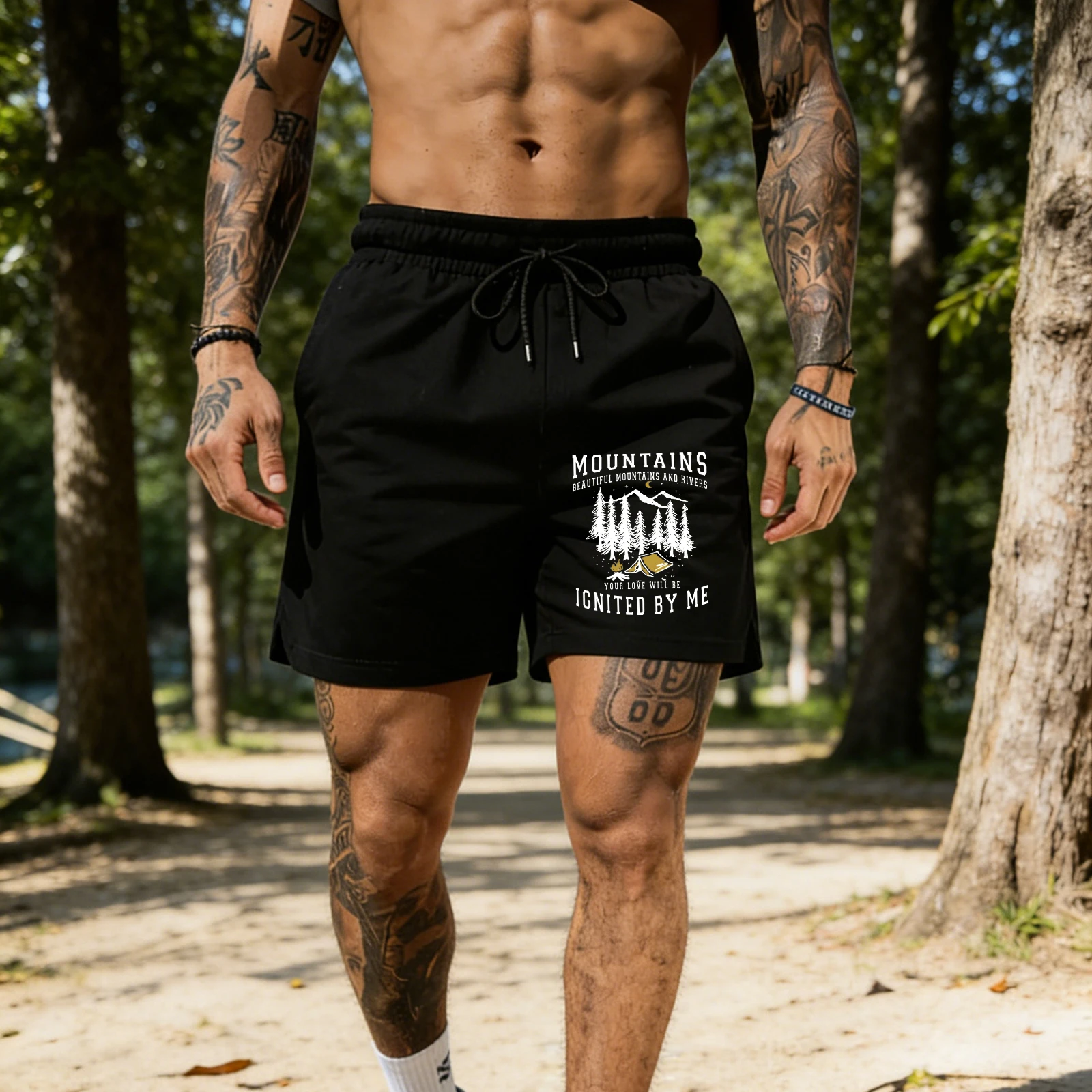 

Mountains Camping Ignited By Me Sports Man Pants Summer Cool Shorts Fashion Pocket Short Sleeve Loose Drawstring Streetwear