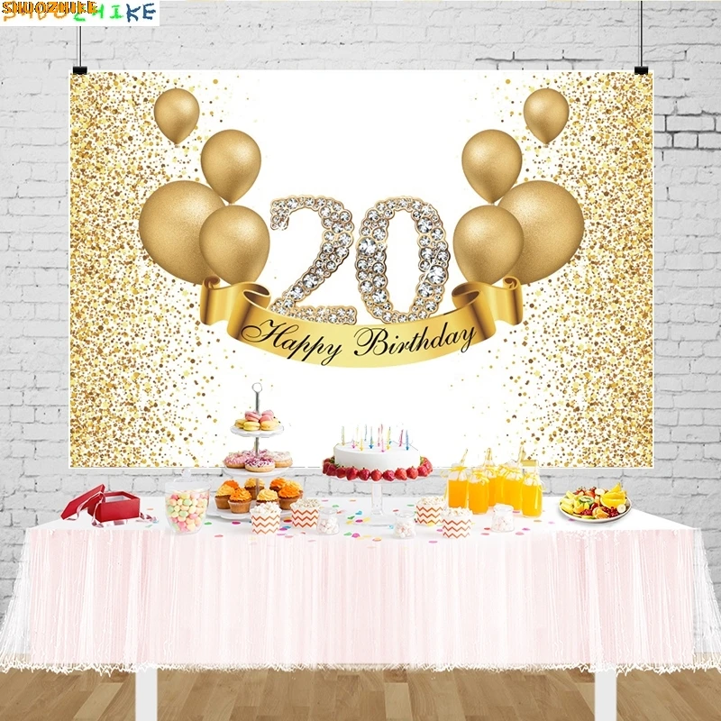 

Birthday Party Photography Backdrops 20 Years Man Woman Girl Boy 20th Glitter Diamond Pink Balloons Gold Photo Background KD-01