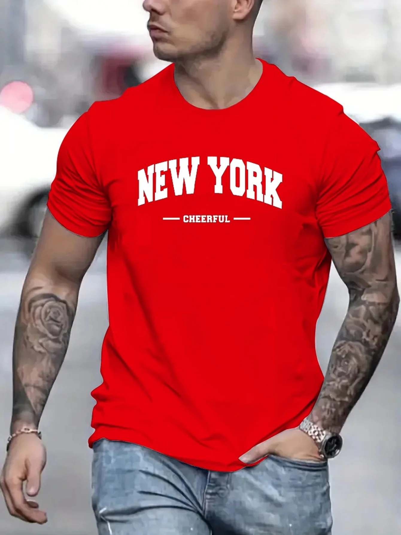 

Men's 100% pure cotton summer loose fit oversized New York Cheerful print casual slim fit round neck short sleeved T-shirt top