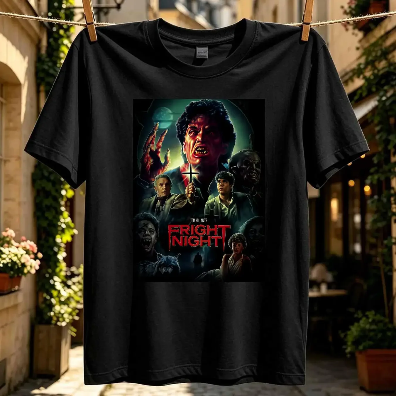 washed T Shirt Fright Night 80s Horror Movie Poster Scary Vampire long or short sleeves vintage Washed Comfortable