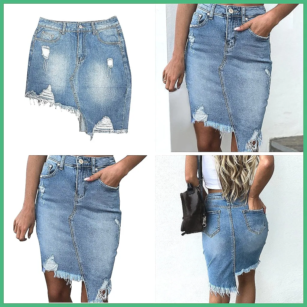 Women's Ripped Denim Short Skirt with Buttons & Pockets, Sexy Stretch Fitness Skirt