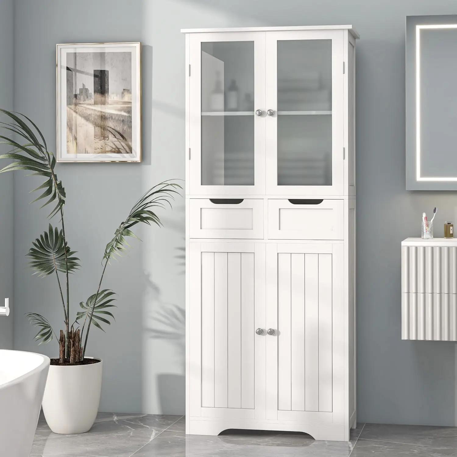 Tall Bathroom Storage Cabinet Freestanding Bathroom Cabinet With Glass Doors Shelves Large Bathroom Cabinet Frame With Drawers For Living Room Dining Room Office White