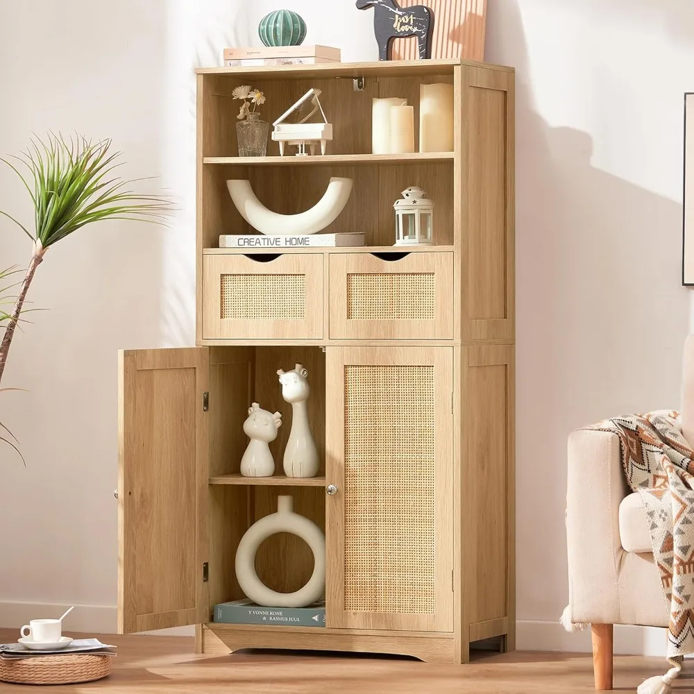 خزانة تخزين طويلة، خزانة الروطان مع درجين ورف قابل للتعديل، كابينة تخزين مخزن المطبخ، خزانة المدخل لـ Li #2