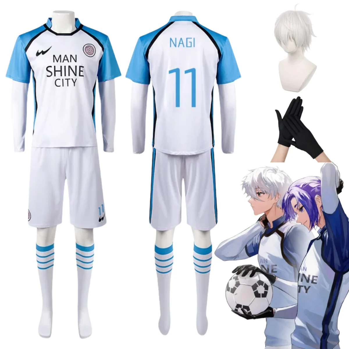 

Anime Blue Lock NAGI Cosplay Costumes Seishiro Nagi Wigs MAN SHINE CITY Team Football Uniform #11 Nagi Soccer Jersey Mens Set