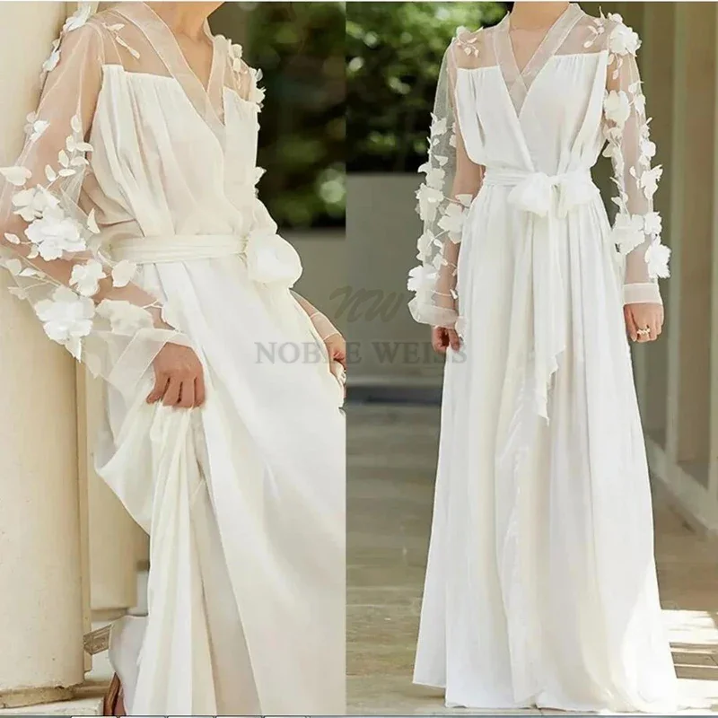 3D ดอกไม้แขนยาวงานแต่งงานเสื้อชีฟองผ้าคลุมไหล่ BOLERO Maternity Gowns สําหรับถ่ายภาพงานแต่งงาน Robe ที่กําหนดเอง