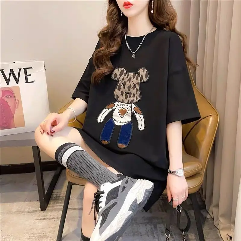 Mid Length Version Solid Color T-Shirts Ladies Casual Pullovers O-neck Summer Printing Women\'s Clothing Loose Short Sleeve 2024