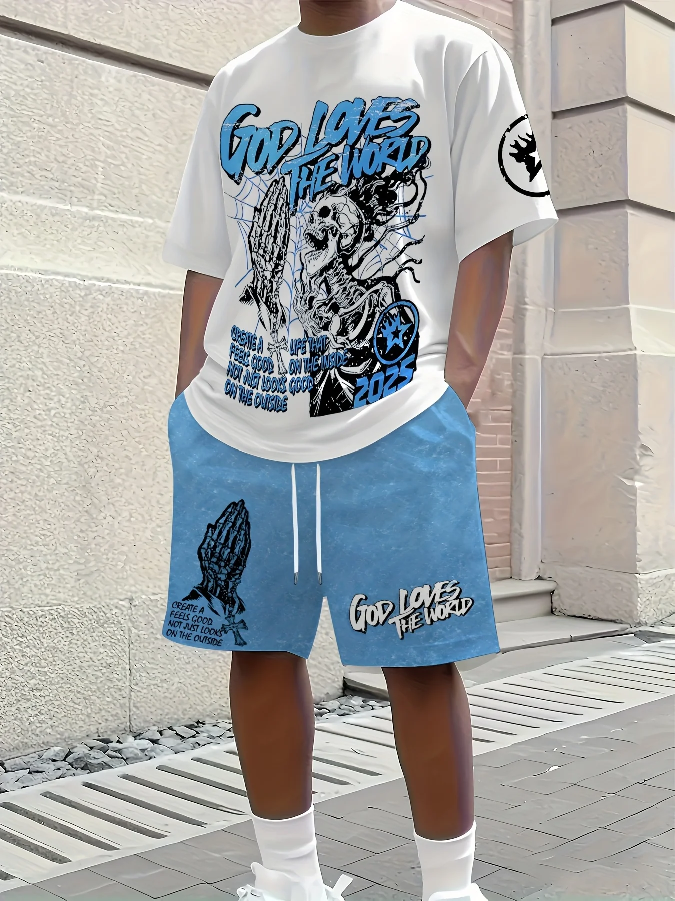 

2025 летние новые мужские шорты с короткими рукавами и шортами, дышащая повседневная мужская одежда в стиле хип-хоп с 3D принтом для катания на роликовых коньках