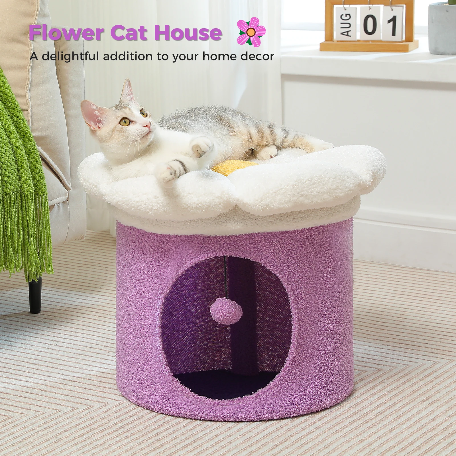 Cat Beds for Indoor Cats, Large Cat House with Removable Flower Cat Bed, Cute Cat Cave Cat Hideaway, Indoor Cat House Condo