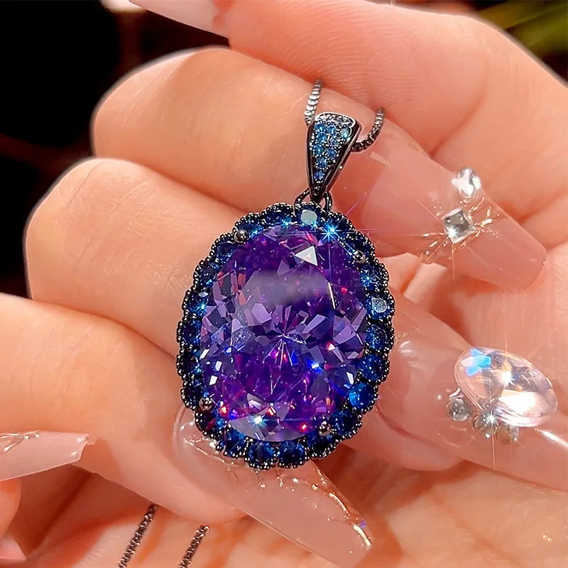 Oval Cut Blue Sapphire Purple Gemstone Jewelry Adjustable Ring Necklace Black Plated Surround Crystal Women Vintage Party Gift