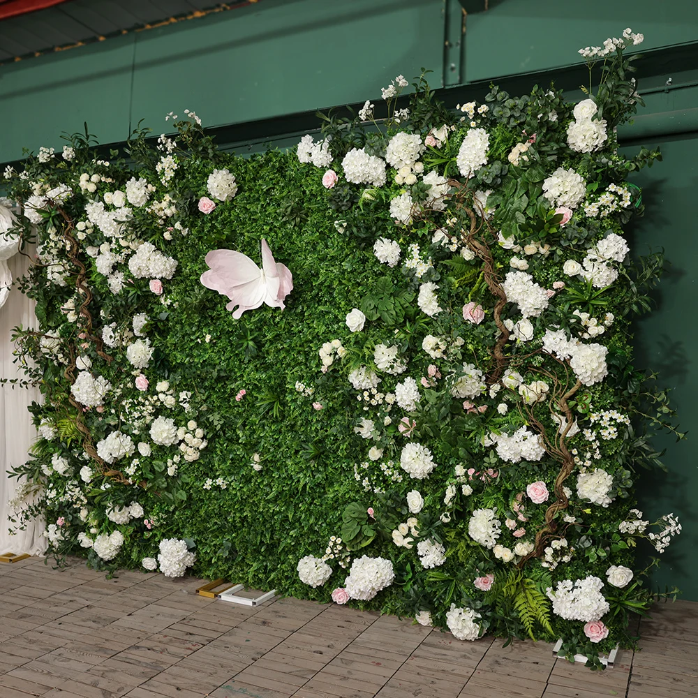 

Искусственные цветы, настенная композиция для свадебного мероприятия, сценический фон, украшение, зеленые листья, белые гортензии, цветы HY2633