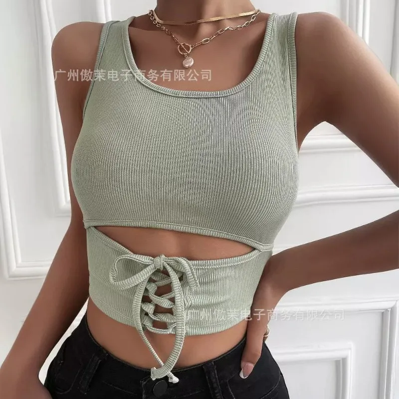 New Arrivals Temperament Design Sense Spring Summer Women's Clothing Solid Color Lace-up Waist Sunken Stripe Vest