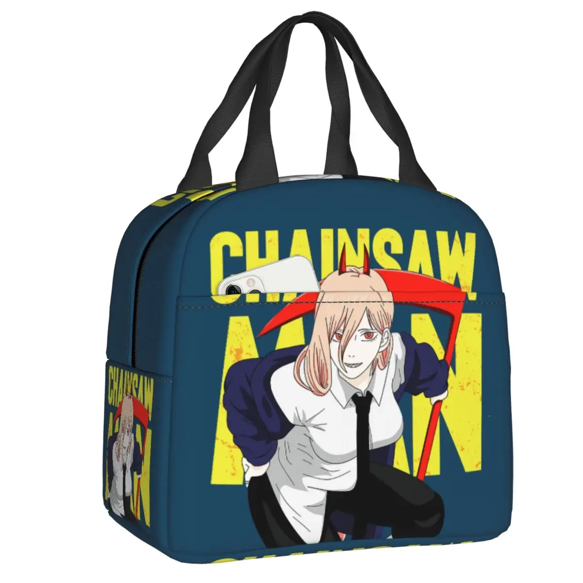 Chainsaw Man Power Insulated Lunch Bags for Women Children Thermal Cooler Lunch Box School Travel Picnic Food Container Bags