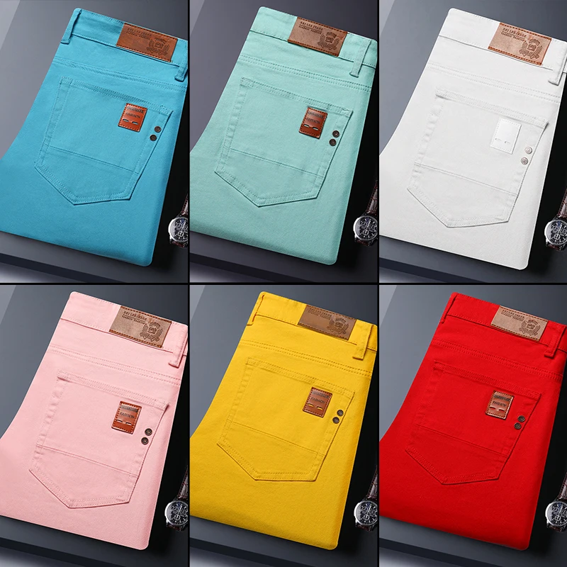 

Тонкие эластичные джинсы, мужские красочные модные корейские брюки, весенне-осенние мягкие удобные повседневные прямые джинсовые брюки, уличная одежда