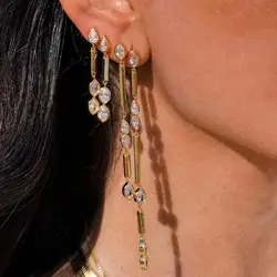 Gold Color High Quality Tassel Chain Hanging Drop Earrings Micro Pave 5A Geometric Cubic Zircon For Women delicate Jewelry