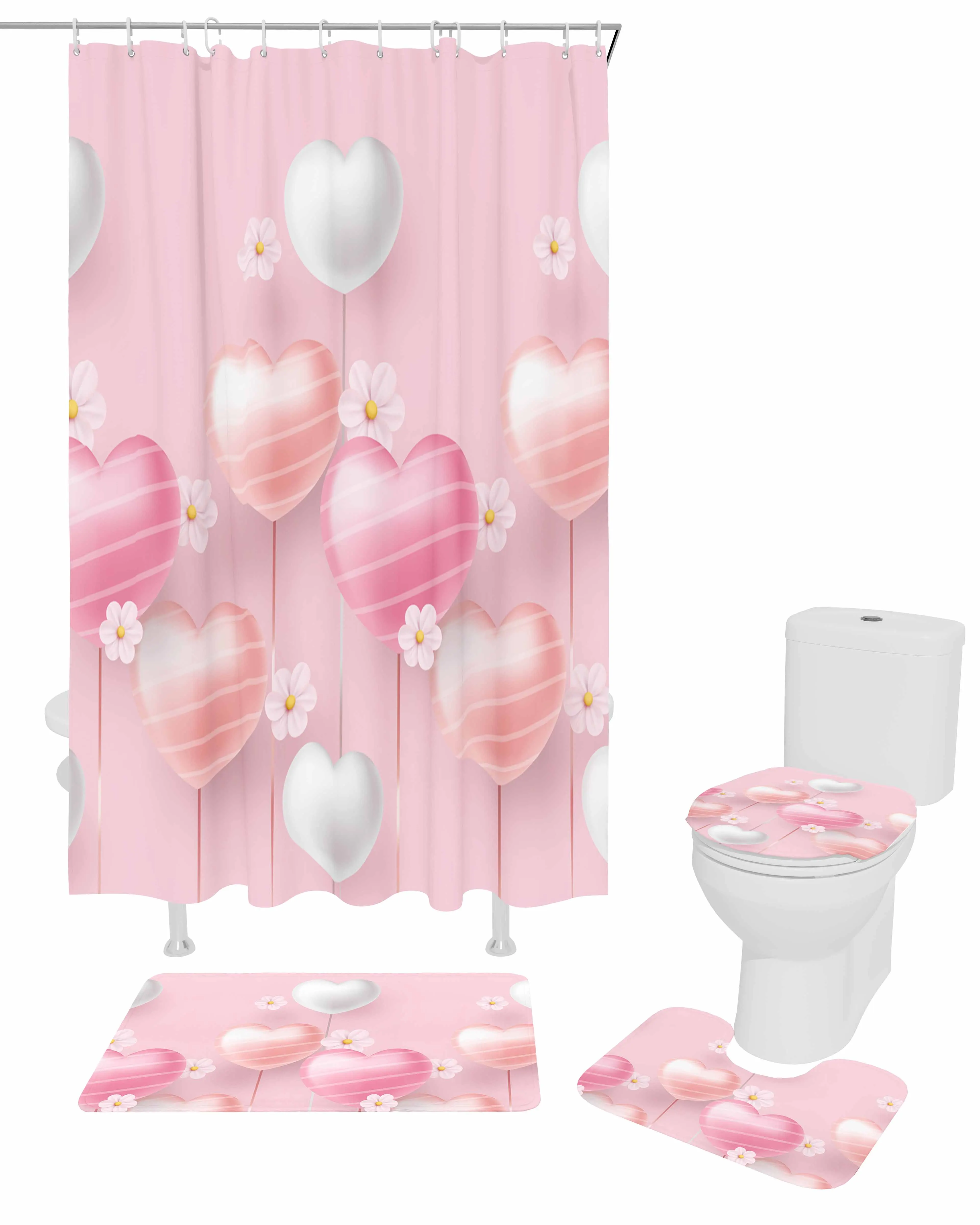 Pink Love Balloon Shower Curtain Non-Slip Rugs Toilet Lid Cover and Bath Mat Bathroom Curtains with Hooks