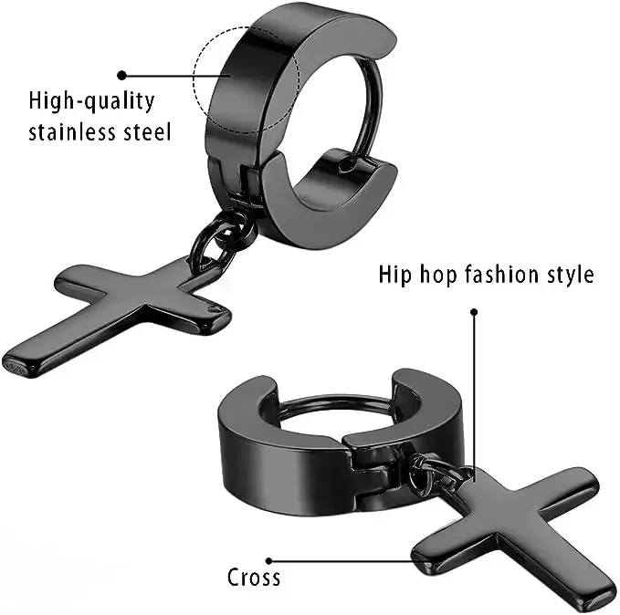 Cross Earrings for Men Women Stainless Steel Dangle Black Hinged Hoop Earring Gothic Punk Pendant Piercing Jewelry Accessories