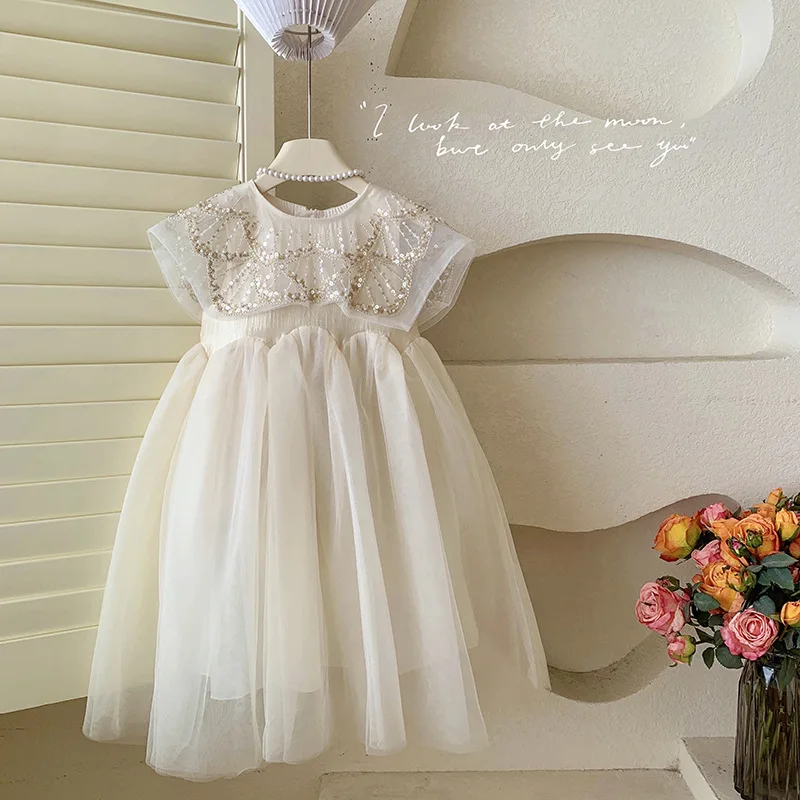 Girls\' Princess Dress Pretty 2025 Summer New Round Collar Pearls Mesh Patcwork Sleeveless Vest Skirt