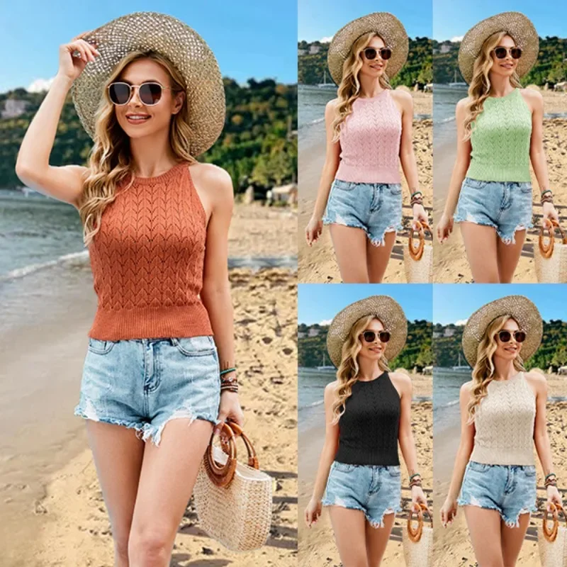 2024 Summer European and American New Casual Knitting Design Sense Solid Color Top Slim Fit Small Tank Top for Women SFC33-4