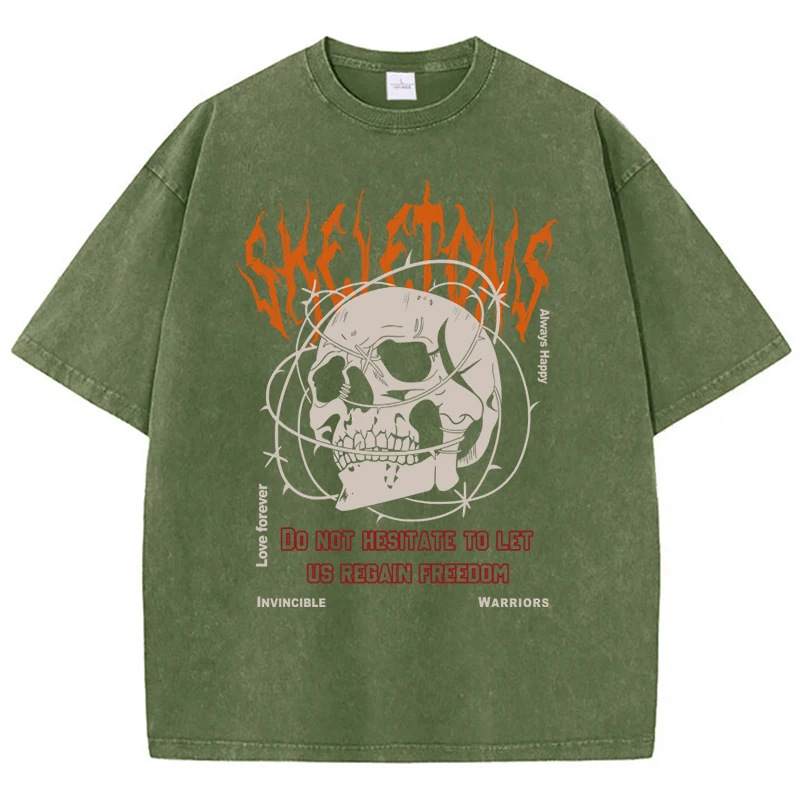 Entangled Skull Printing Women'S Washed T-Shirts Comfortable O-Neck Breathable Cotton Water Washe Tops Summer Female Clothes