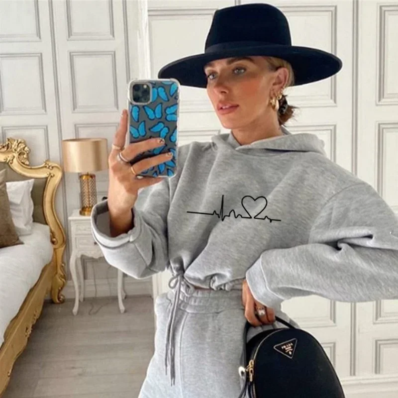 

Повседневный женский спортивный костюм с завязками на талии, короткий топ с капюшоном, комплект из двух предметов для женщин, бег, повседневная одежда, Лидер продаж