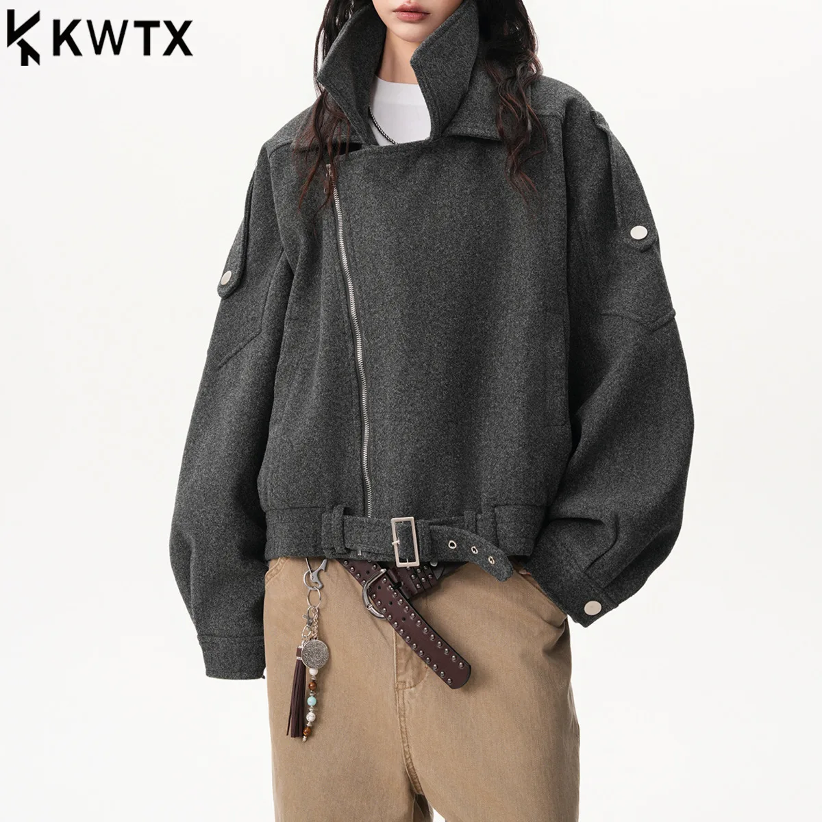 

KWTX 2025 New Women’s Wool Blend Biker Jacket Vintage Stand Collar Zip Up Belted Coat Luxurious Fall Winter Outerwear Streetwear