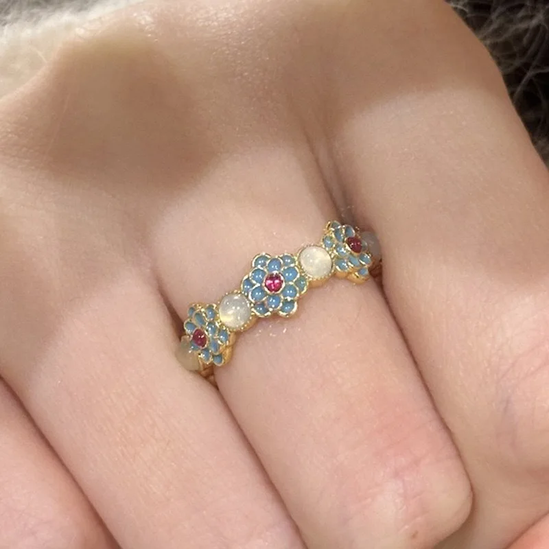 

925 Sterling Silver New Chinese Court Style Enamel Ring, Light Luxury, Niche, Versatile, Ruyi Ring for Women, Gift