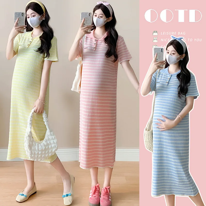 

Premium Maternity Dress Inspired Striped Knit Polo Dress for Summer Breathable Slim Fit Pregnancy Gown with Timeless Elegance