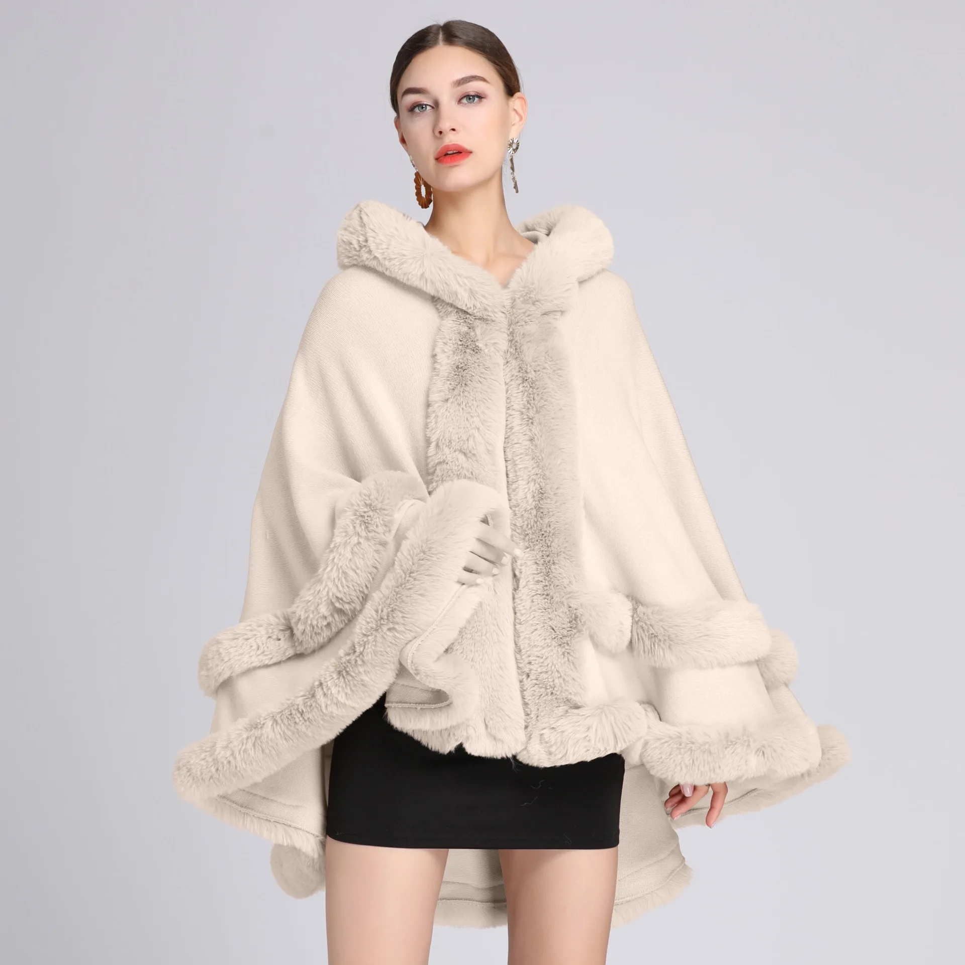Autumn and Winter New Imitation Otter Rabbit Fur Collar Hooded Shawl Cape Plus Size Knitted Jacket Cardigan for Women